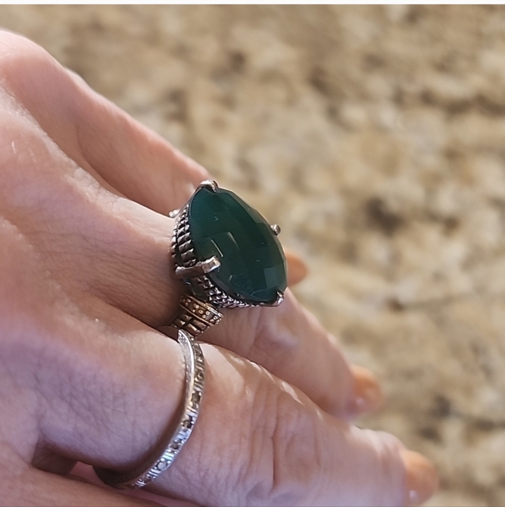 Elegant Green Stone Ring And Looped Earrings Sterling Silver